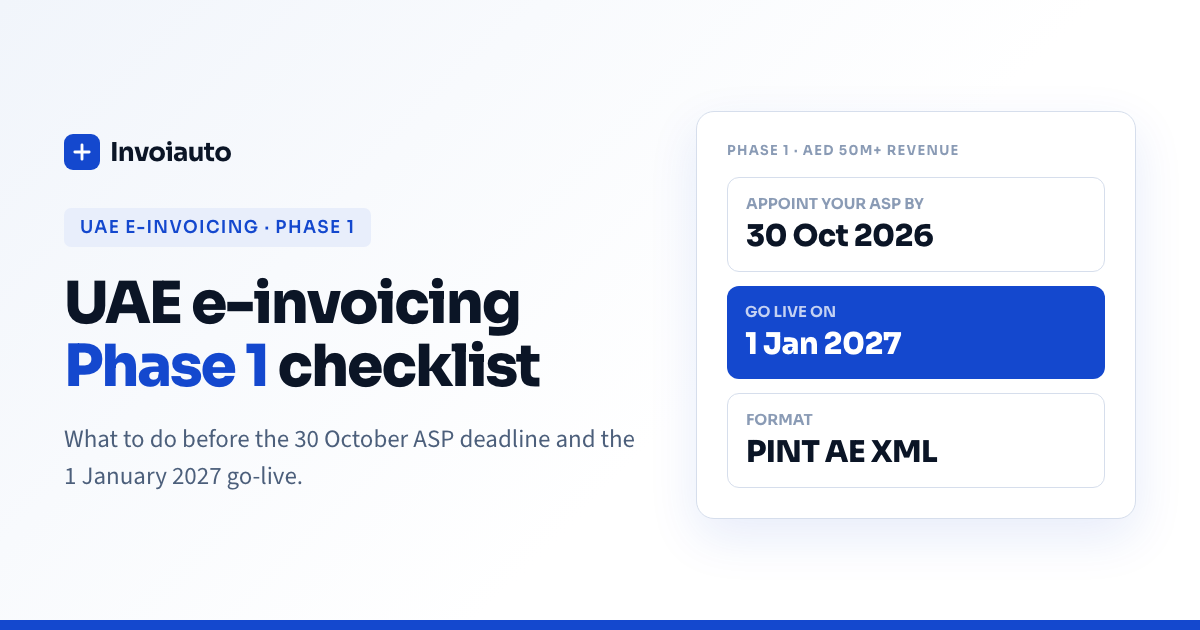 UAE e-invoicing Phase 1 checklist card showing the 30 October 2026 ASP deadline and 1 January 2027 go-live